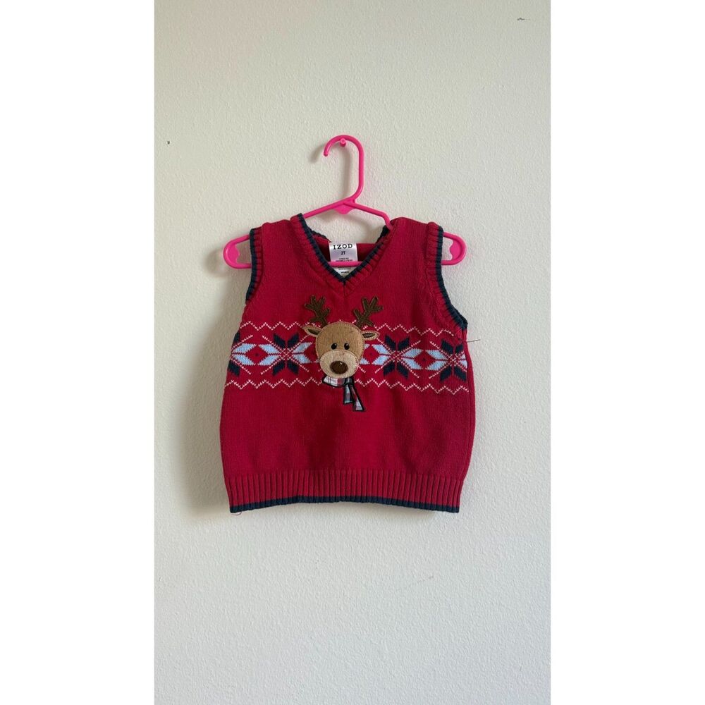 IZOD Toddler Boys Christmas Sweater Vest 2T Reindeer Fair Isle Red Holiday